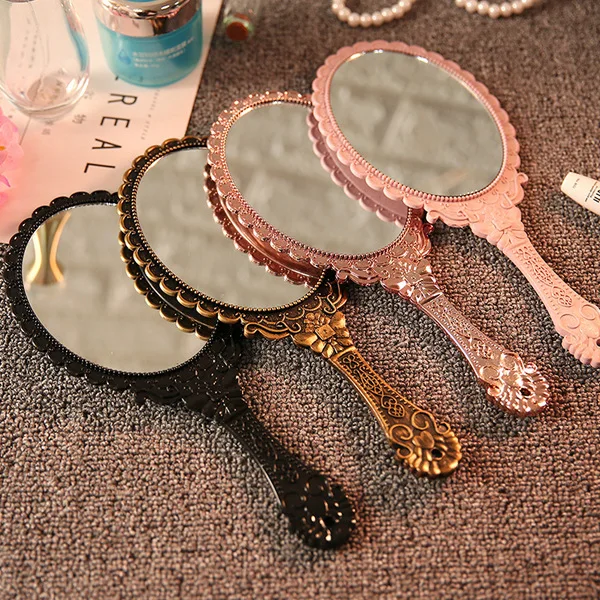 CX126 Portable Vintage Mirror Handhold Makeup Mirror Pink Floral Oval Round Cosmetic Hand Held Mirror With Handle