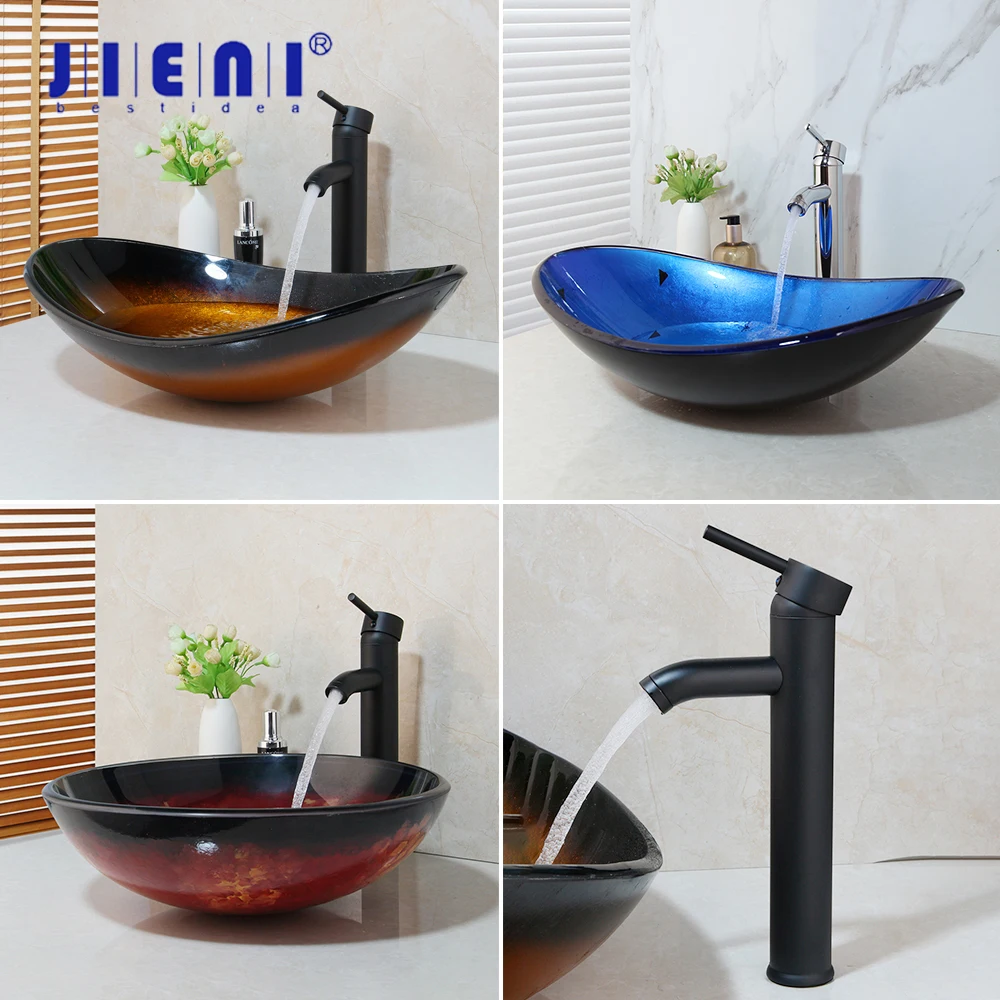 JIENI Art Hand-Paint Bathroom Glass Sink Basin Vanity ORB Faucets Bathroom Basin Tap Mixer Round Sink Faucet Bath Set