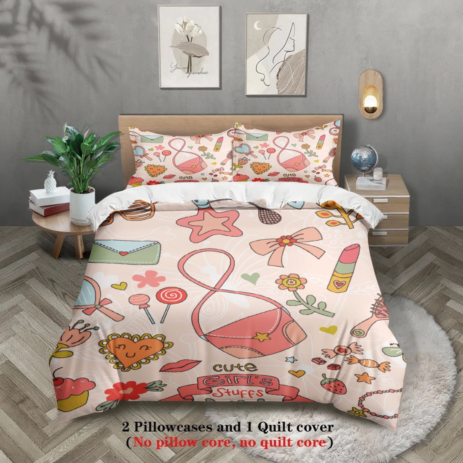 3pcs Cute Girls Stuff Bedding Sets 3D Printed Colorful Cartoon Pattern Duvet Cover Sets With Pillowcases No Filling