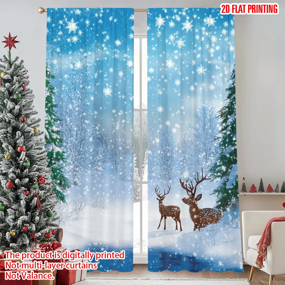 

2pcs 2D flat printing Christmas Window Drapes With snow pines and deer Versatile Fabric Without Electricity Festive Curtains Use