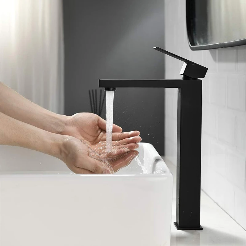 Black Tall Square Bathroom Faucet 304 Stainless Steel Cold Hot Water Mixer Tap Countertop Basin Vessel Sink Faucet for Washroom