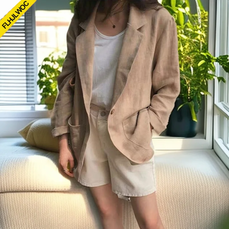 Chic Korea Design Korea Style High Street Cotton Linen Outerwear Women Cute Office Lady Button Notched Jackets Coat Blazer