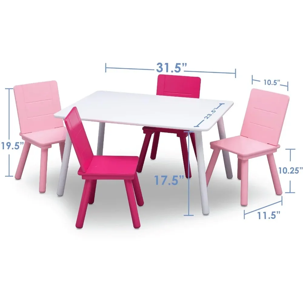 Houten Tafel-En Stoelenset Voor Kinderen (Inclusief 4 Stoelen)-Ideaal Voor Knutselen, Snacktijd, Thuisonderwijs, Wit/Roze