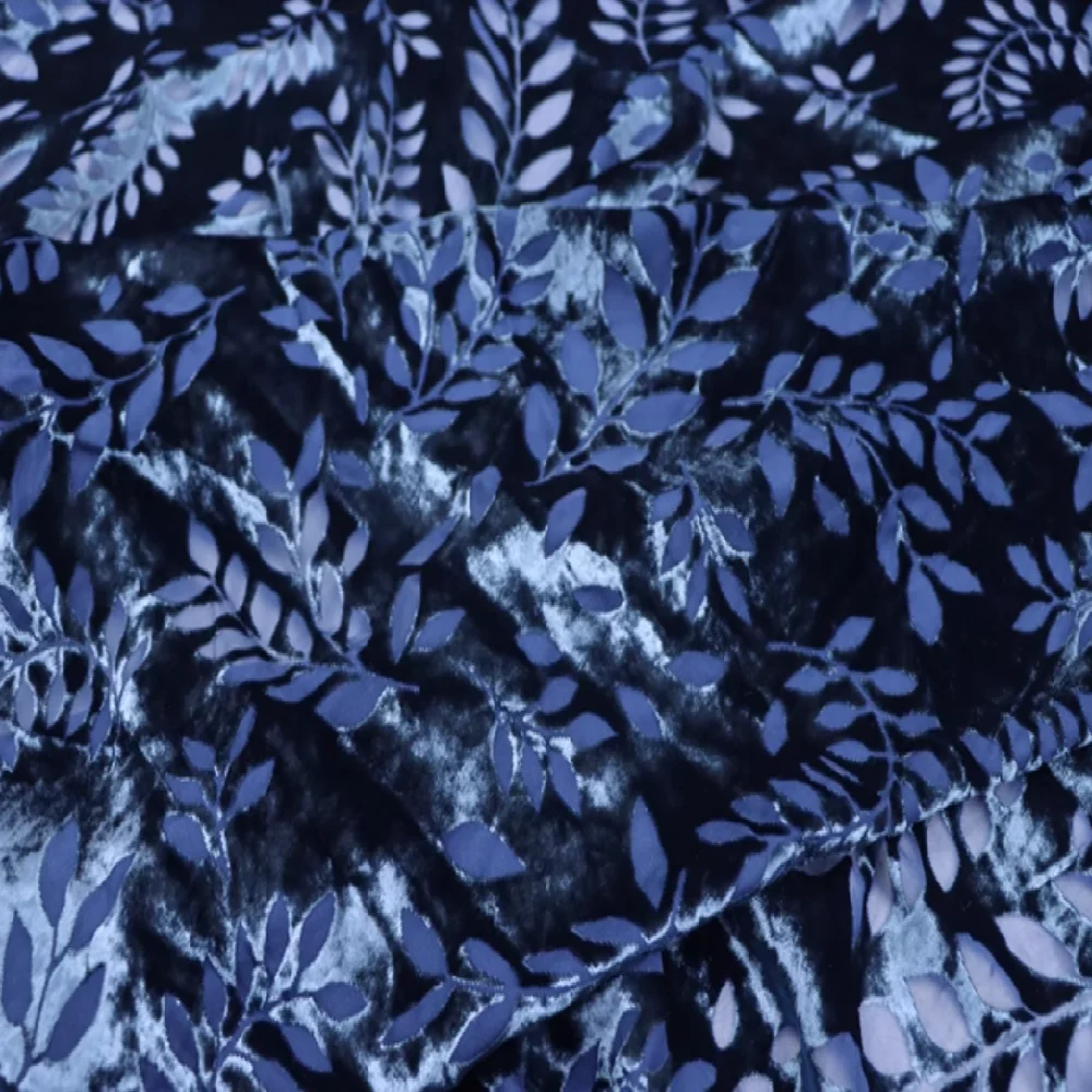 Increíble tela de terciopelo de seda suave elegante Floral de hoja azul marino oscuro para mujer suave vestido de fiesta de vacaciones blusa Casual