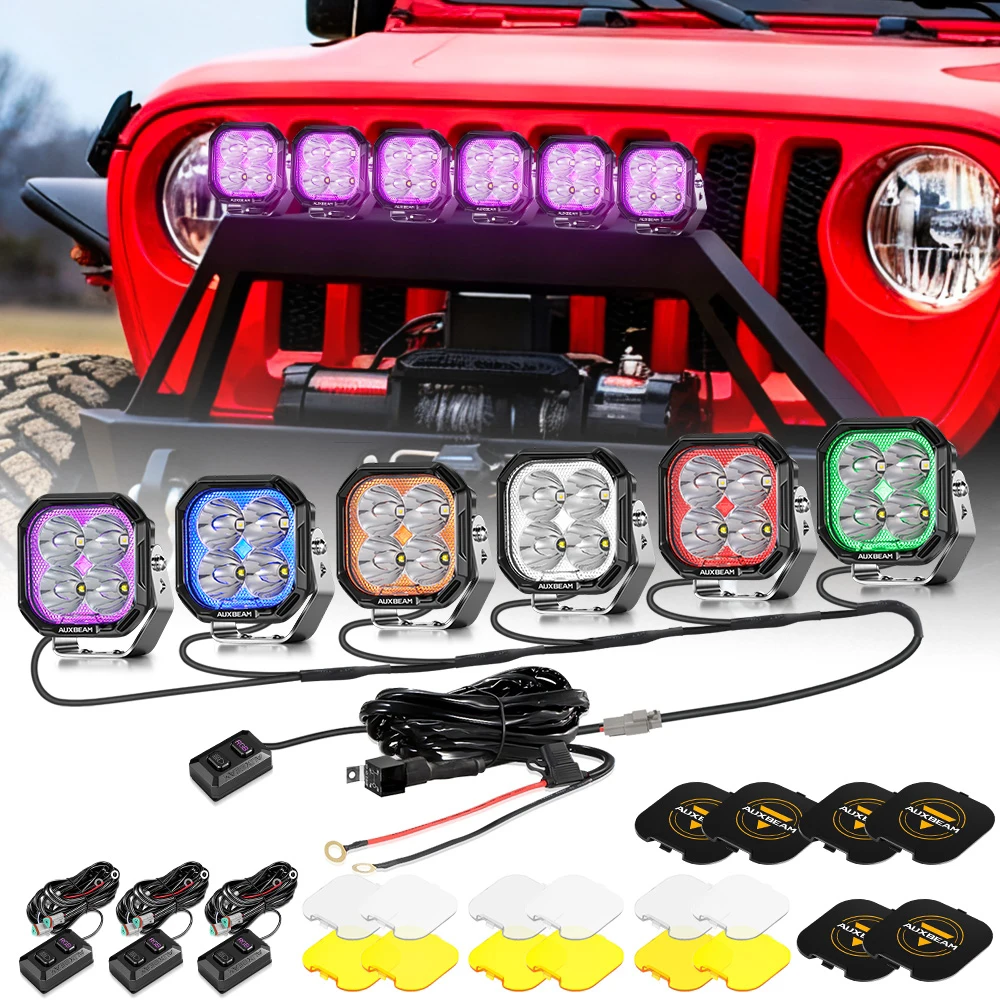 AUXBEAM RGB LED POD LIGHTS 6Pcs 3 INCH OFF ROAD LED Work Lights with Wiring Harness 8 BACKLIGHTs Plug & Play COLOR PLAY SERIES