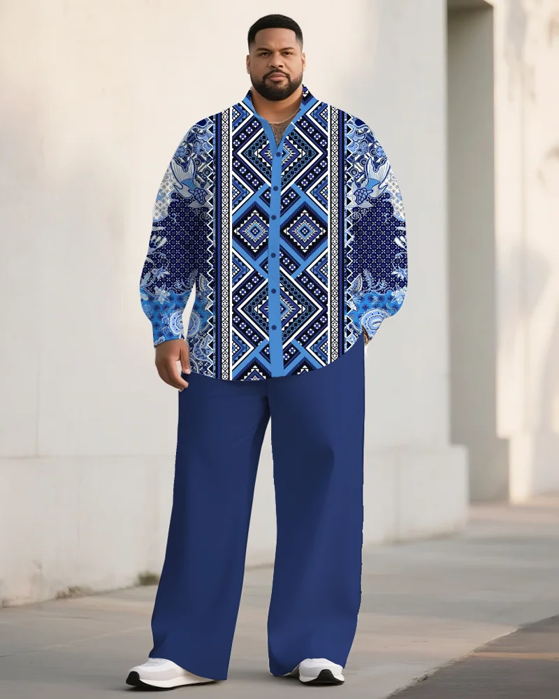 S-9XL Men's Plus Size Vintage Pattern Paneled Long Sleeve Shirt Pants Two-Piece Set