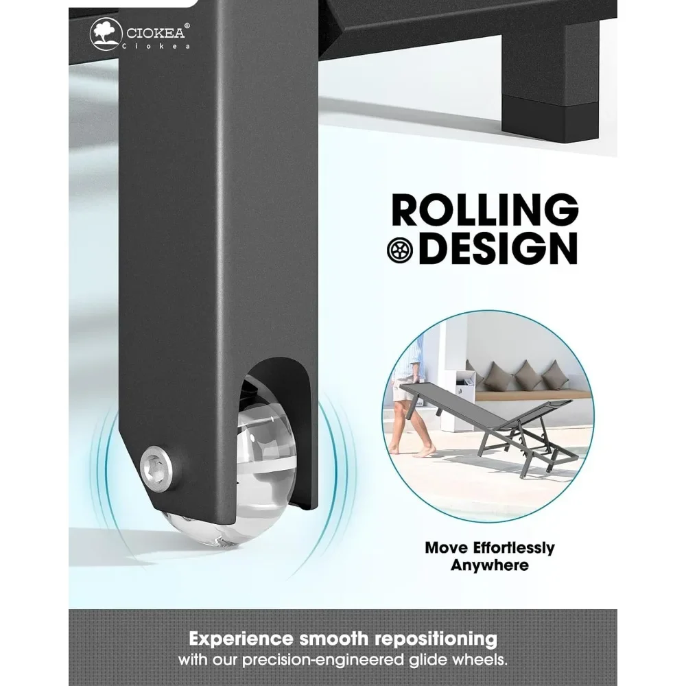 كرسي استرخاء من الألومنيوم للاستخدام الخارجي مع 5 أوضاع ومسطحة بالكامل، كرسي فناء رمادي مع عجلات لسطح حمام السباحة