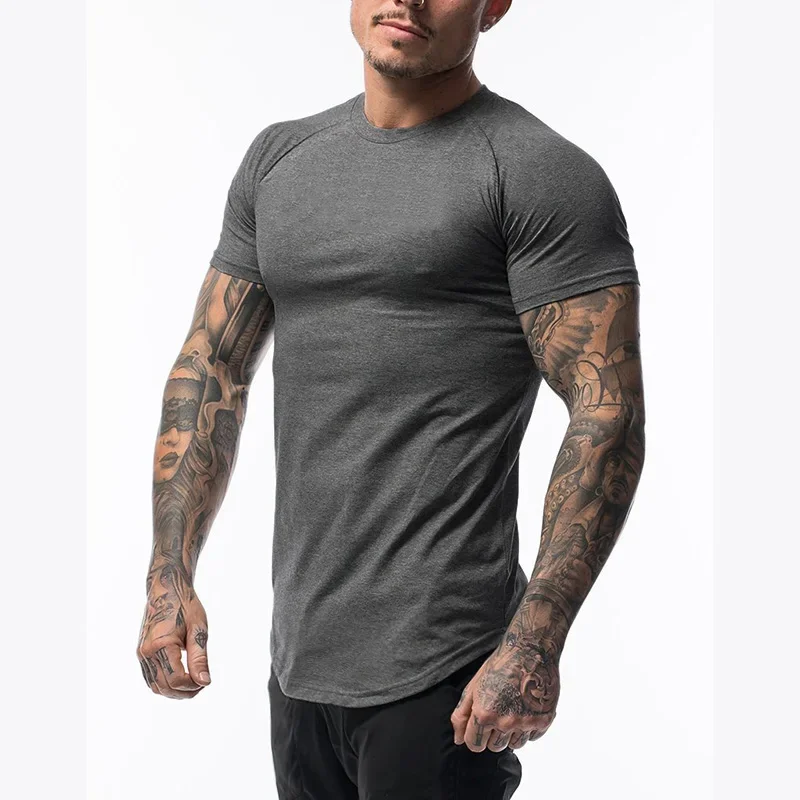 Camiseta de manga curta sólida masculina, algodão, esportiva, fitness, musculação, bainha redonda, streetwear, camiseta, verão