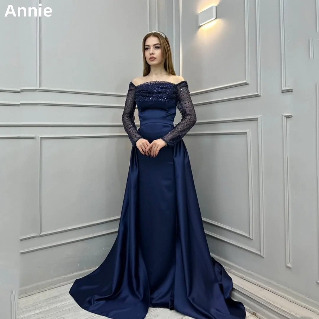 

Annie Sequined Long Sleeves Prom Dresses Black Satin Ladies Evening Dresses Elegant Ladies Mermaid Vestidos De Fiesta Customized