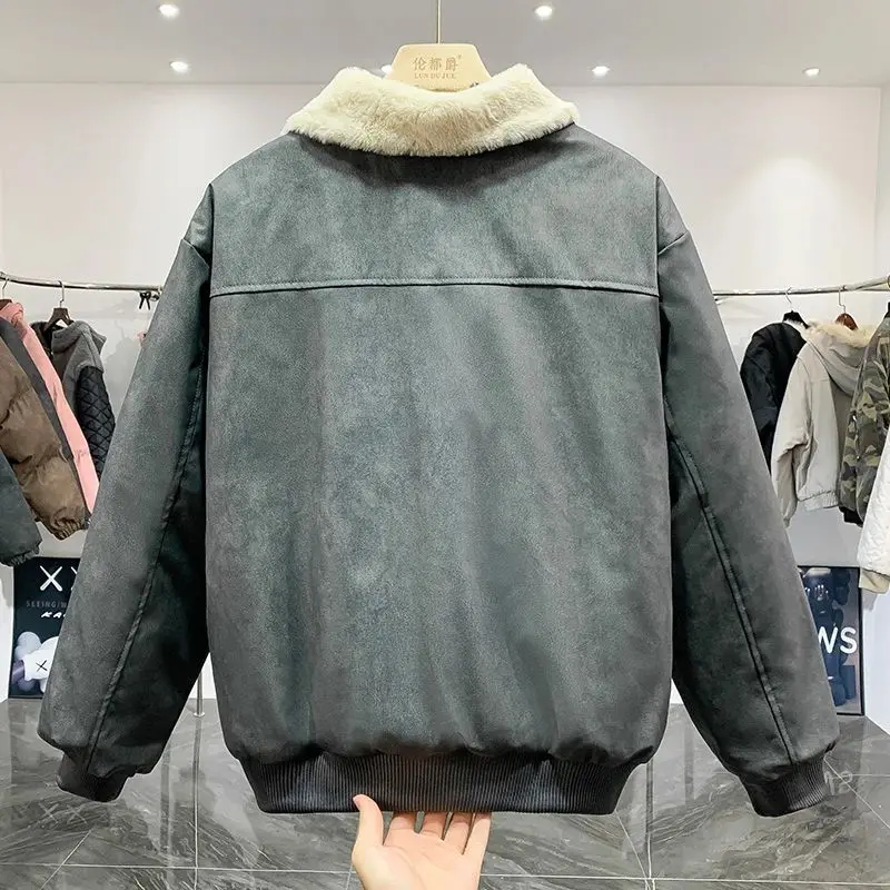 2025 New Faux Shearling Collar Vintage Jacket Men Winter Thick Warm Padded Coat American Style Workwear Cotton Outerwear