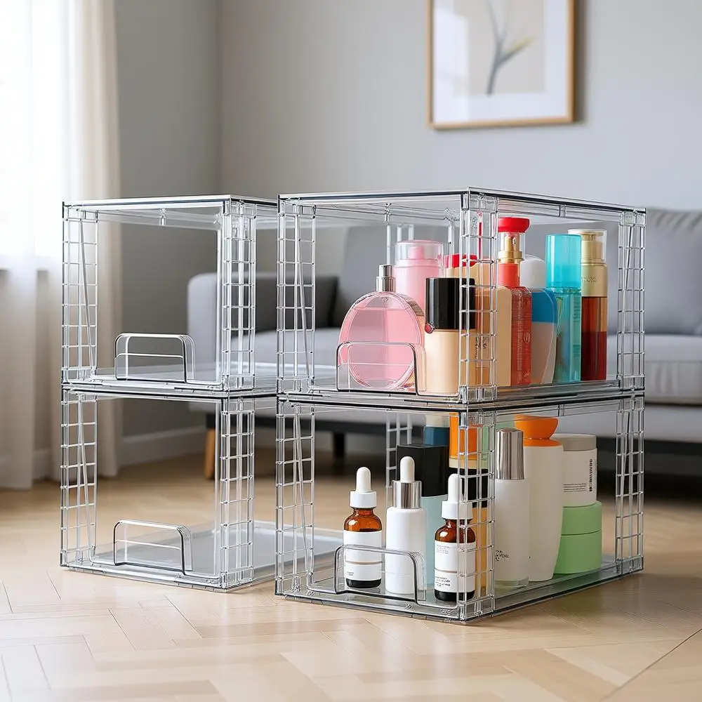 

Большие штабелируемые ящики для хранения, акриловые органайзеры под раковину для ванной, пластиковые контейнеры для кухонных шкафов, кладовой, косметики