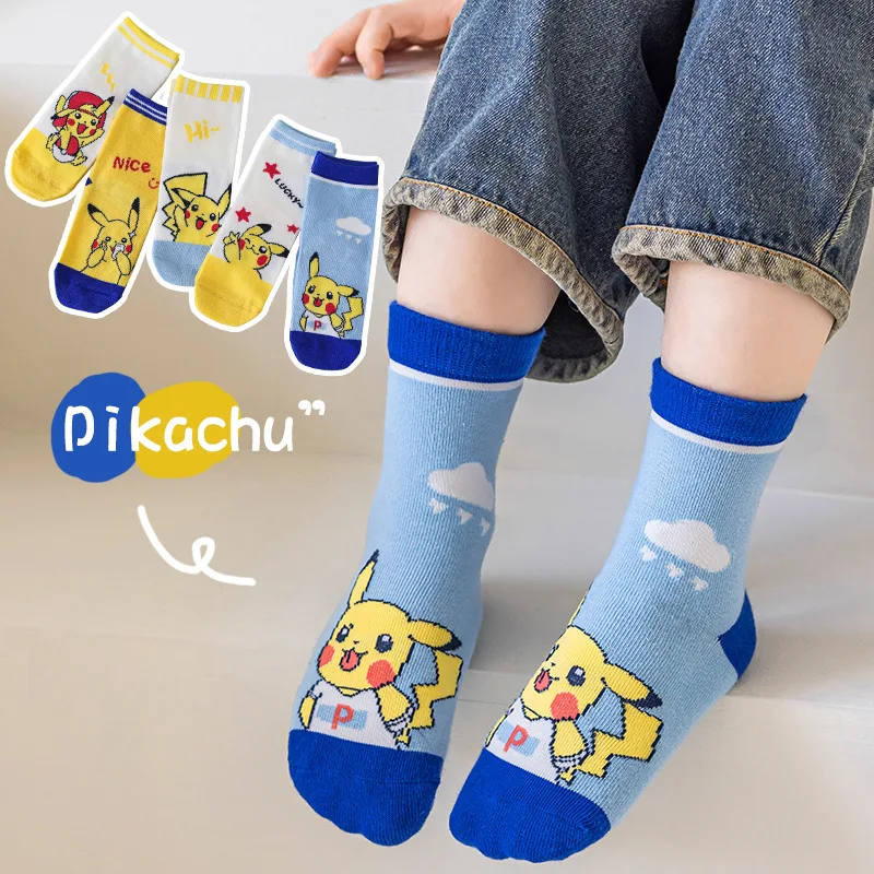 Meia de Algodão Pikachu Mid-calf infantil, meia de desenho Kawaii para meninos e meninas, novo, outono, inverno, 5 pares