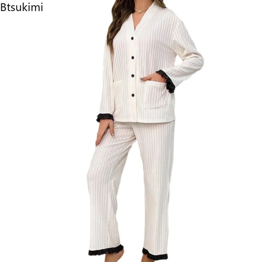 2025 Autumn Women's V-Neck Long Sleeved Pants Pajama Set High End Sweet Splicing Lace Home Clothes Comfortable Casual Sleepwear