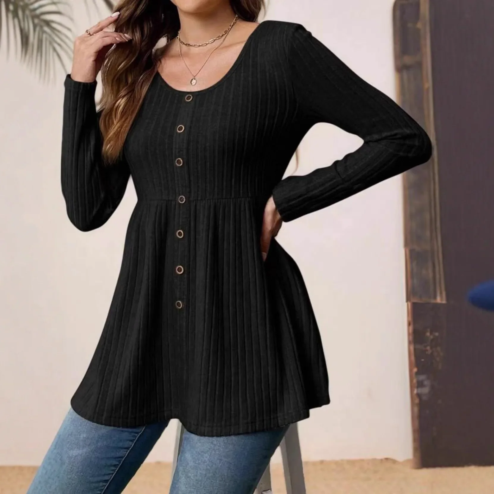 Beauty autumn and winter women's clothing Amazon popular top solid color pit strip long-sleeved top one-row button