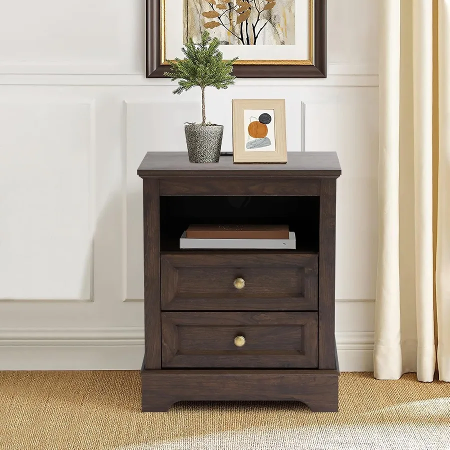 Тумбочка с зарядной станцией Набор из 2 прикроватных тумбочек для фермерского дома с 2 ящиками Прикроватная тумбочка для спальни Торцевой столик Приставной столик