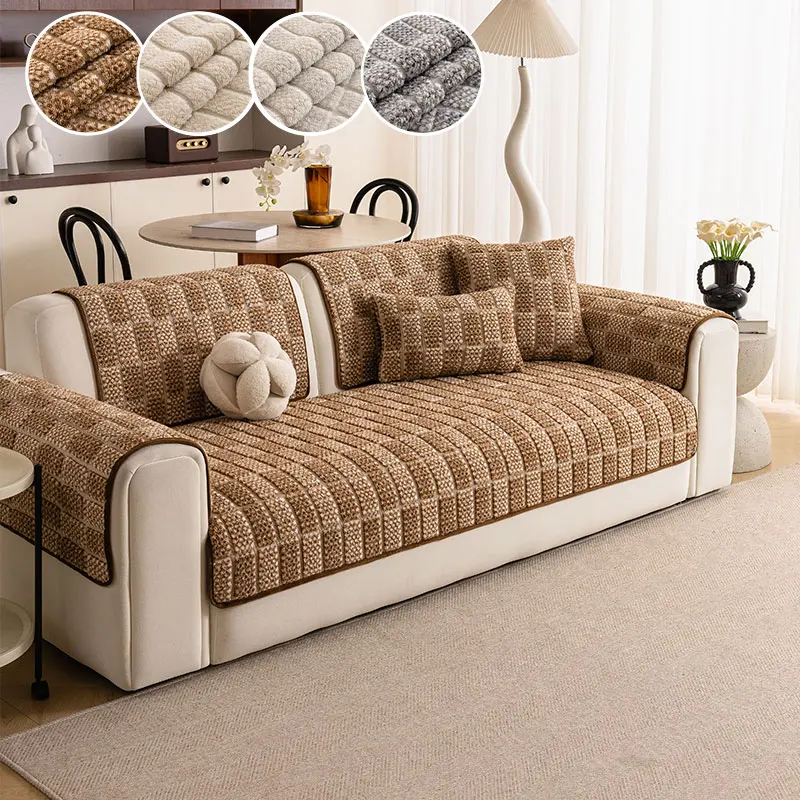 1PC-Grid Plush Sofa Cover, ideal for warm rustic indoor living space, Pet Friendly, Scratch Resistant, Non-slip, Universal Fit