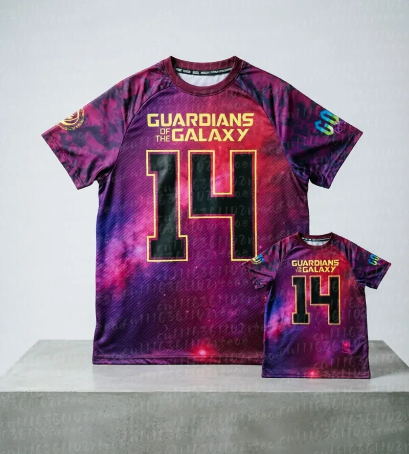 2026 Guardians of The Galaxy Men T-shirt Space Nebula Full Back Number 14 Short Sleeve Sci Football Jersey Summer FamilyMatching