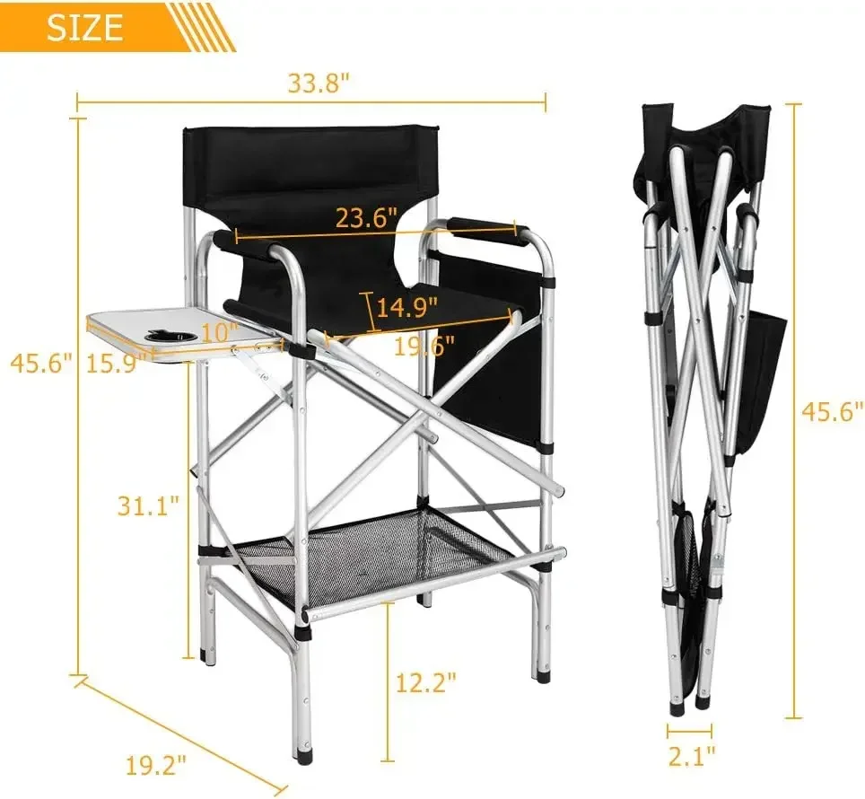 Składane krzesło dyrektorskie o wysokości 31 cali z torbą do przechowywania na stoliku bocznym, przenośna wysokość baru dla makijażu, aluminiowa