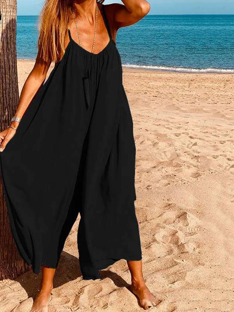 Female Casual Office Strap Jumpsuits Wide Leg Vacation Beach Vintage Pants Oversized Pockets Lady Solid Long Trousers Plus Size