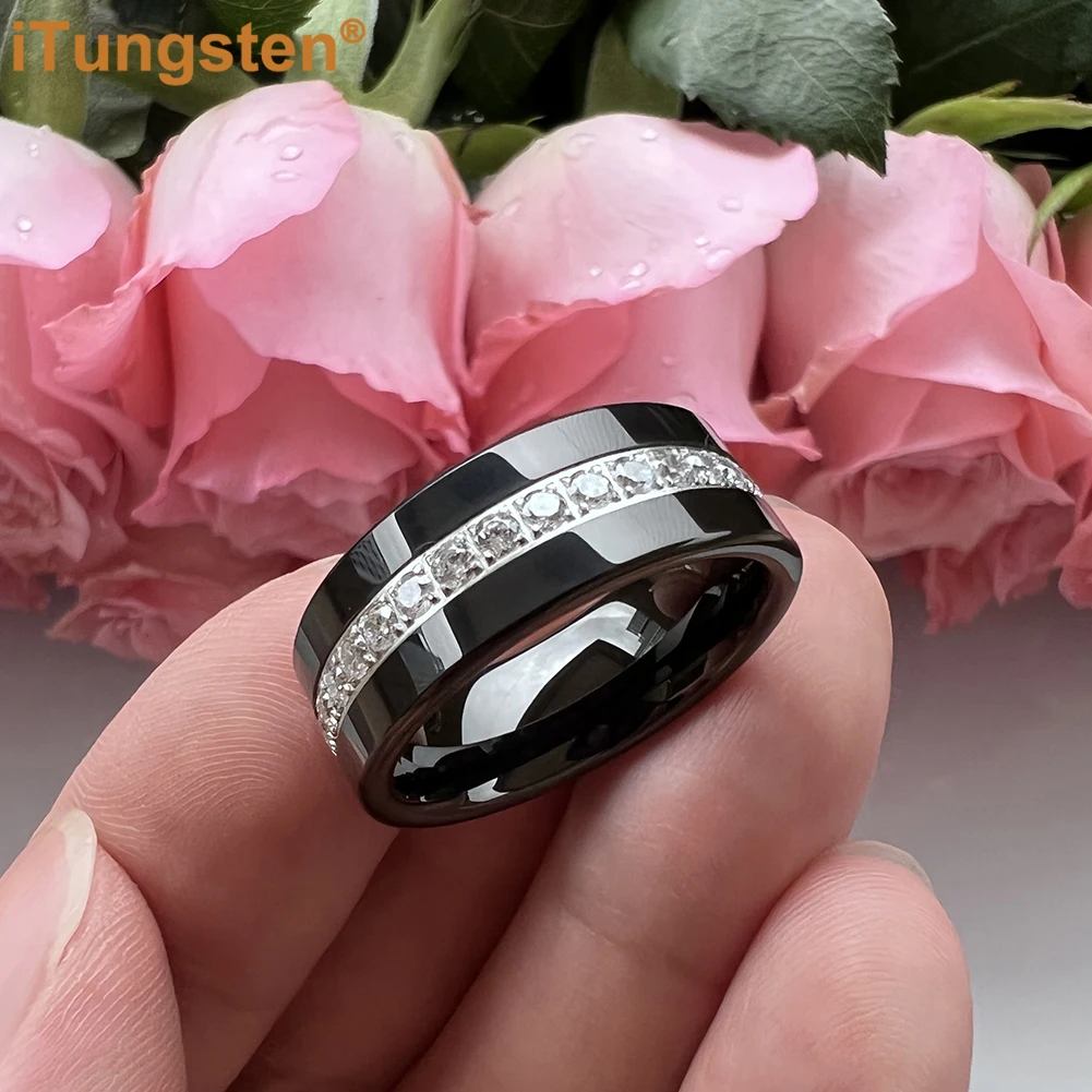 iTungsten 8mm Cubic Zirconia Stone All Around Ring Tungsten Fashion Engagement Wedding Band for Men Women Polish Shiny