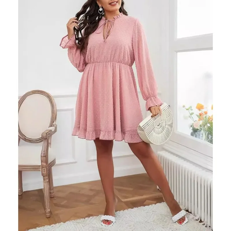 

Tinaa Pink Plus Size Mini Dresses 2025 Chiffon Jacquard Hollow Lace Up Collar Flare Sleeve Ruffles Sweet Womens Dress 165862