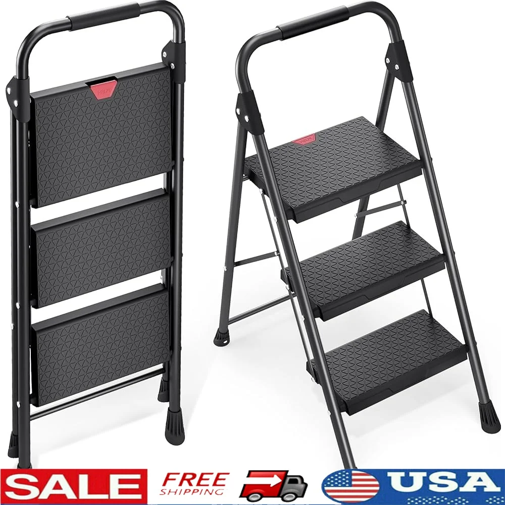 

3 Step Ladder Heavy Duty Folding Step Stool with Handrail Anti Slip Wide Pedals 800lbs Capacity Home Kitchen Cleaning DIY