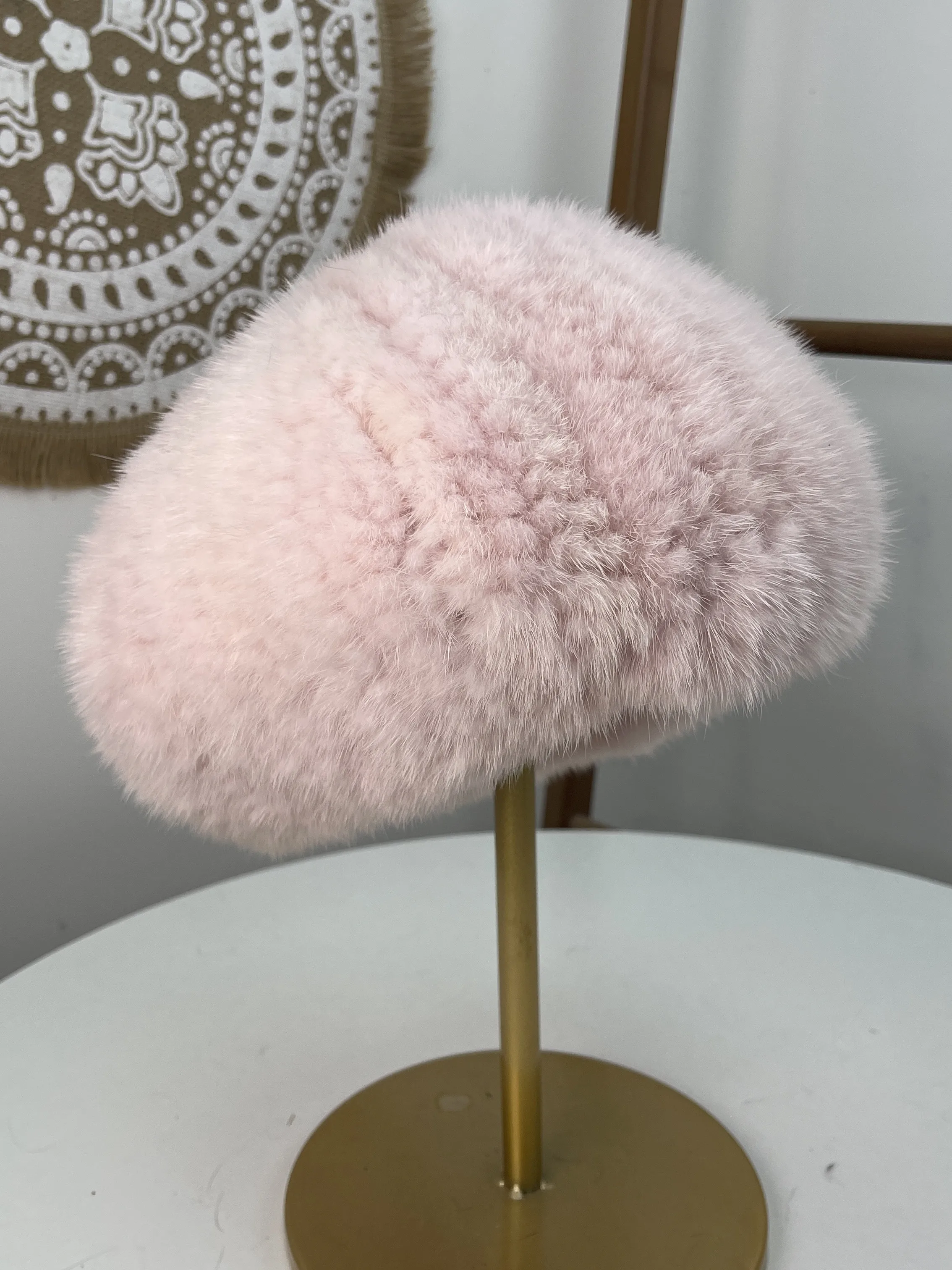 Real Mink Fur Beret Hat Elastic Fur Cap Winter Face Slimming Artist Retro Hat Women  Fur Hat