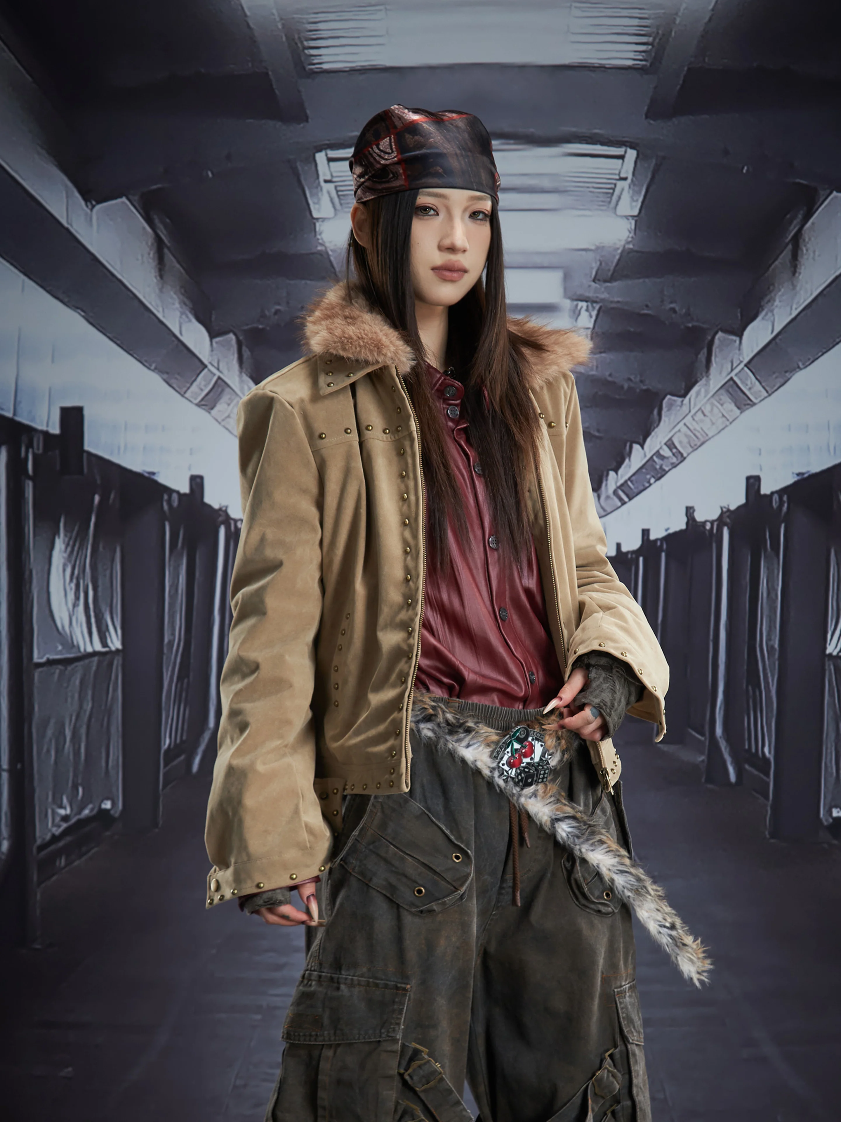 Detachable Fur Collar Lapel Bronze Rivet Personality Retro Short Zipper Thickening Jacket