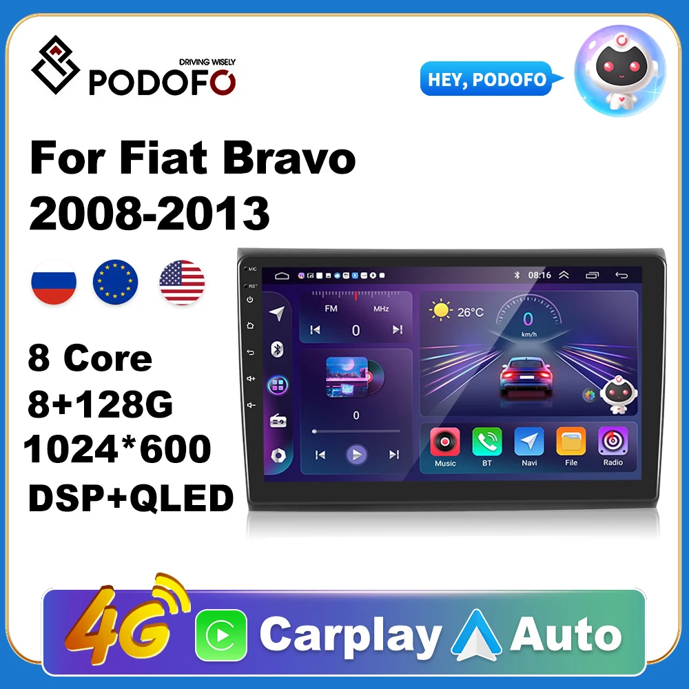 

Podofo Wireless CarPlay Andorid Auto Car Radio For Fiat Bravo 2008-2013 AI Voice Multimedia GPS 2din autoradio no DVD 2Din