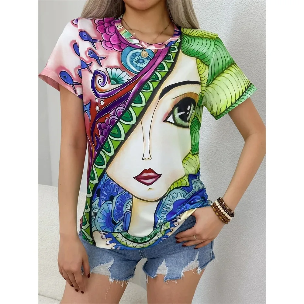 

Новая женская футболка, летняя блузка с коротким рукавом и абстрактным принтом лица, круглый вырез, большая свободная блузка с коротким рукавом, уличная одежда большого размера Y2K