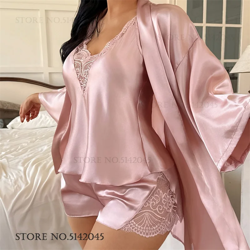 

Новые женские пижамы, комплект из трех предметов, сексуальное лоскутное кружевное белье, пижамный костюм, шелковистое атласное кимоно, халат, домашняя одежда, домашняя одежда