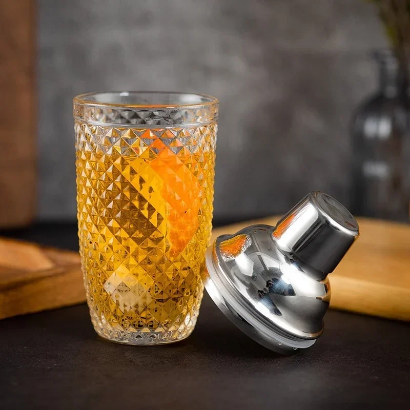 Glass Cocktail Shaker Martini Mocktail Making Set with Leakproof Metallic Steel Lid Woven Pattern Glass Cup Home Use Bar Gadget