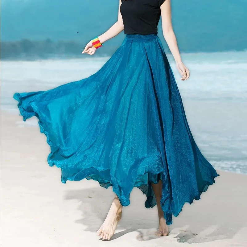 Solid Color High Waisted Gold Silk Chiffon Skirt Women Summer High-grade Fashion Bohemian Dance Long Skirt Elegant Beach Skirts