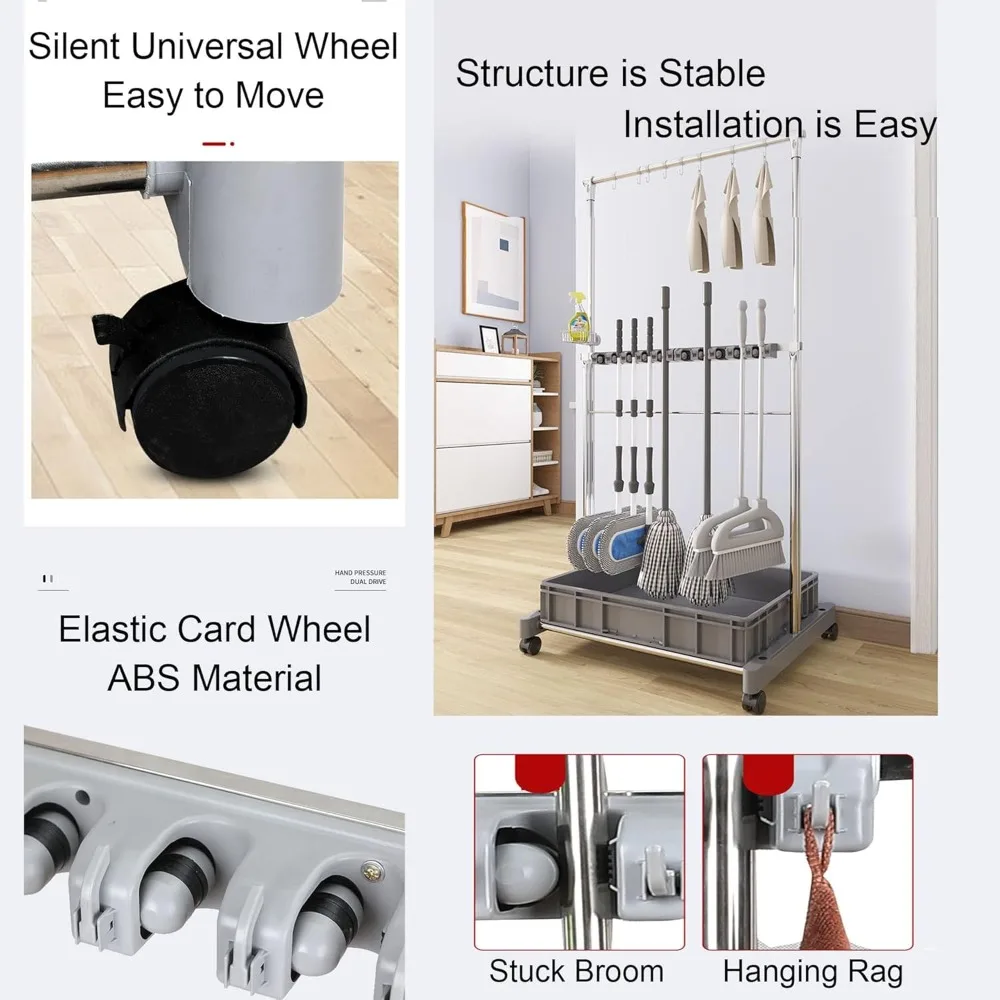 ที่วางไม้กวาดและไม้ถูพื้นแบบพกพา, รถเข็นเก็บอุปกรณ์ทำความสะอาดพื้น, อุปกรณ์จัดเก็บอุปกรณ์ทำความสะอาดบ้านและสวน