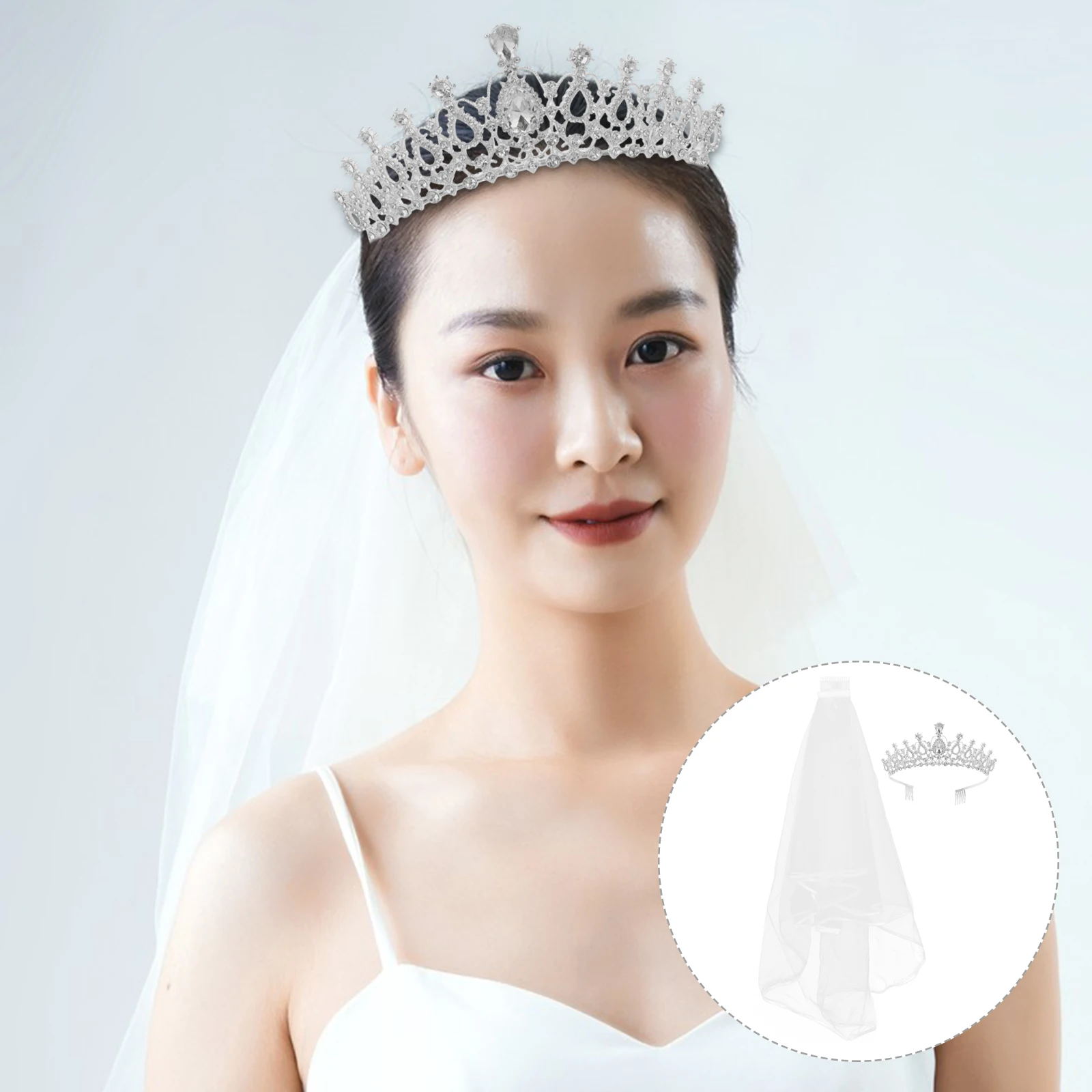 

2pcs Rhinestone Crown Veil Princess Headpiece Bride Accessories Ivory White Wedding Lace Tiara With Comb For Women