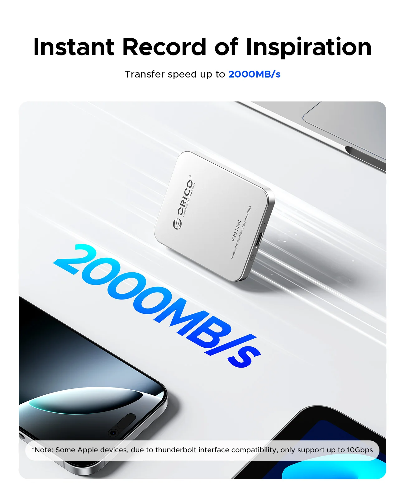 ORICO Mini SSD Magnético Externo 1TB Armazenamento Portátil para iPhone 15/16 Pro Max 2000 MB/s USB-C 4K ProRes HDR Gravação de Vídeo