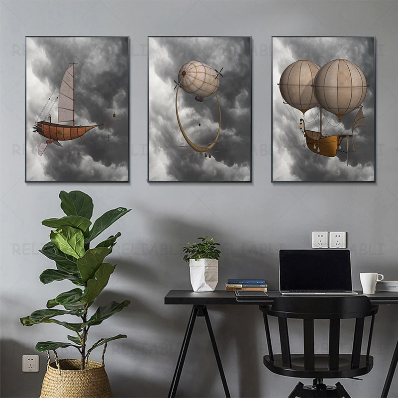 Vintage Hot Air Balloon Retro Steampunk Airship Canvas Painitng Wall Art Picture Poster for Living Room Kidsroom Home Decor