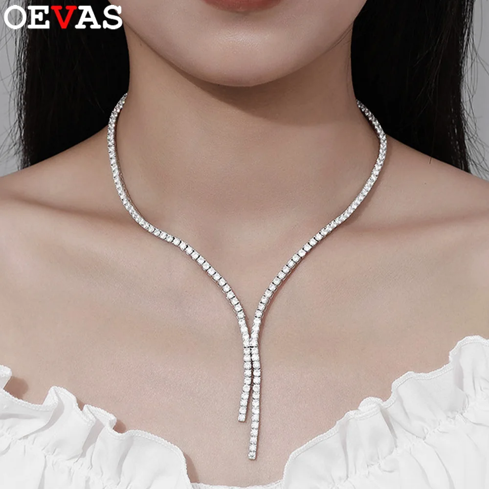 

OEVAS 3MM All Moissanite Tennis Necklace S925 Silver D Color Lab Diamond Tassel Necklace For Women Fine Jewelry