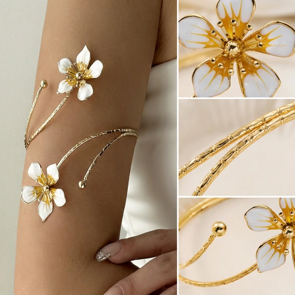 

Boho Chic White Flower Arm Cuff Bangle Bracelet for Women Adjustable Gold Color Spiral Upper Armlet Summer Beach Party Jewelry