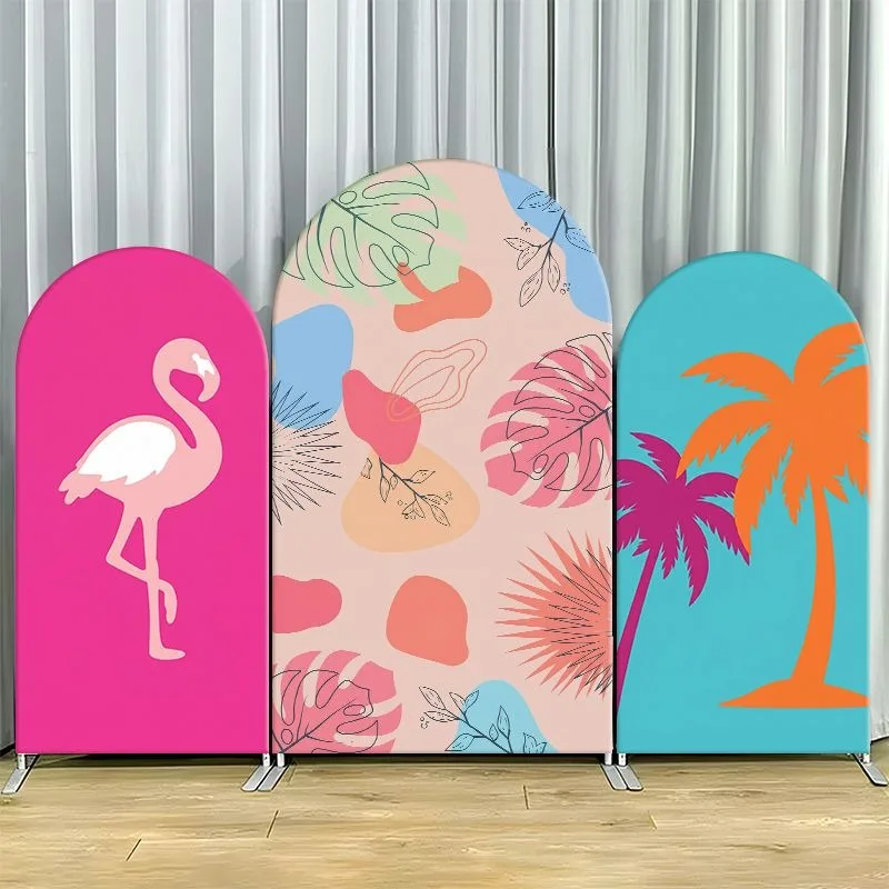 Elastic Double-layer Arch Backdrop Cover Tropical Flamingo Palm Tree Backdrop Panels for Party Decorations Vibrant Pink Blue
