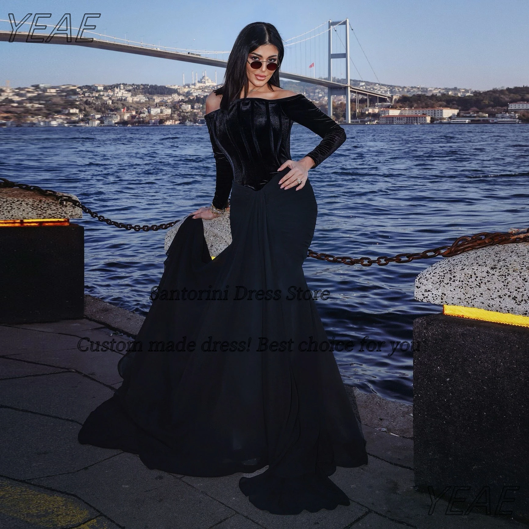 Santorini 2026 vestidos de fiesta negros vestidos de noche de manga larga de terciopelo vestido de fiesta de sirena de tren de barrido acanalado personalizado