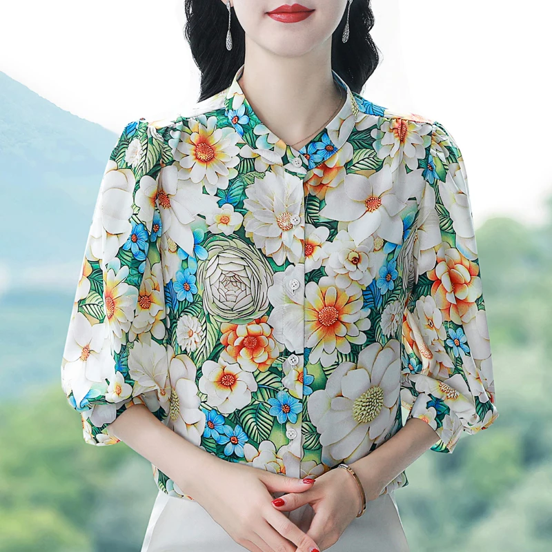 

Elegant Fashion Chiffon shirt Spring Summer Women Blouse 3/4 Sleeve Single breasted Floral Printed Tops