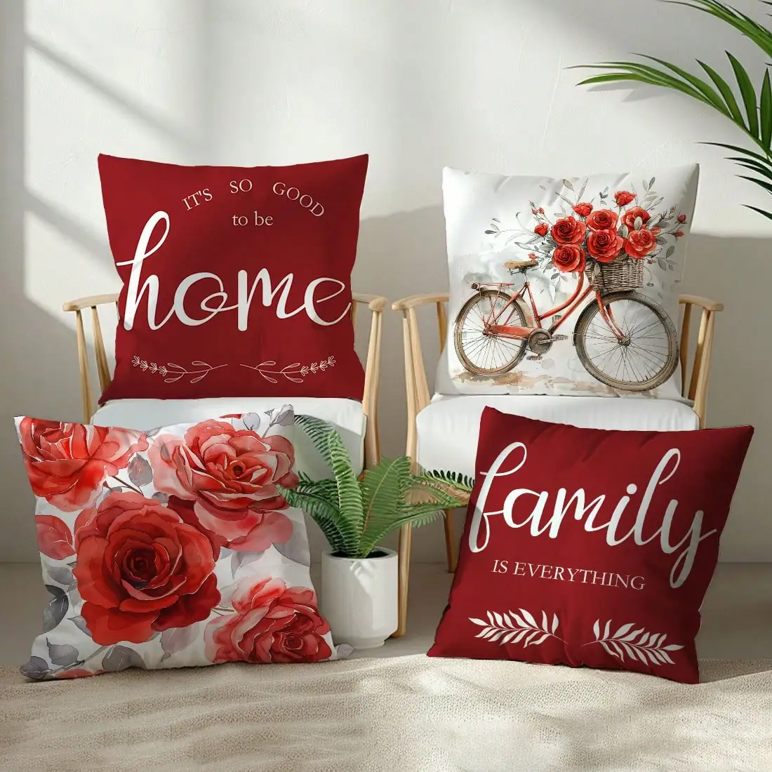 

4Pcs Red Rose Home Family Pillow Covers Polyester Cushion Cases for Home Decoration Living Room Bedroom