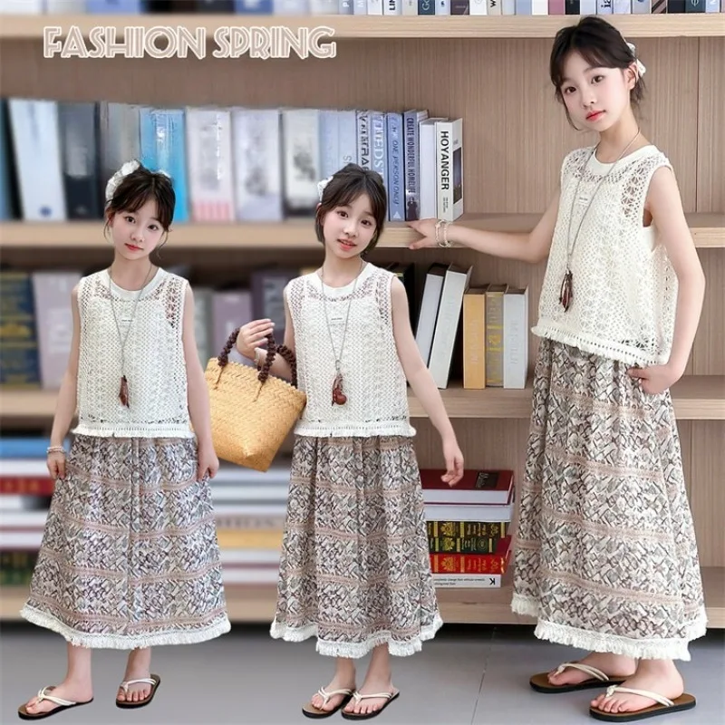 

Children's Summer Clothing Set European American Style Hollowed Out Lace Vest+Suspendeender Bottom Top+Fashionable Floral Skirt