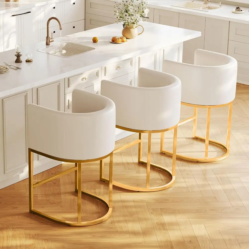 

Набор из 3 барных стульев с сиденьем из искусственной кожи, высота 26 дюймов, металлические, золотисто-бежево-белые, кухонные стулья для барной стойки