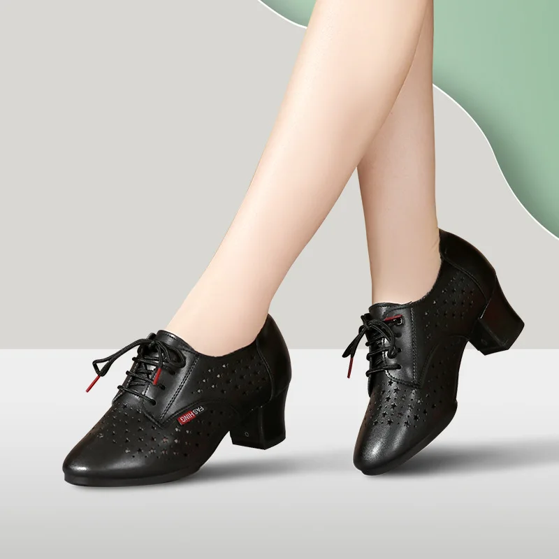 

Женская обувь для джазовых танцев с открытыми отверстиями, обувь для латинских современных танцев, женская черно-белая кожаная летняя тренировочная обувь