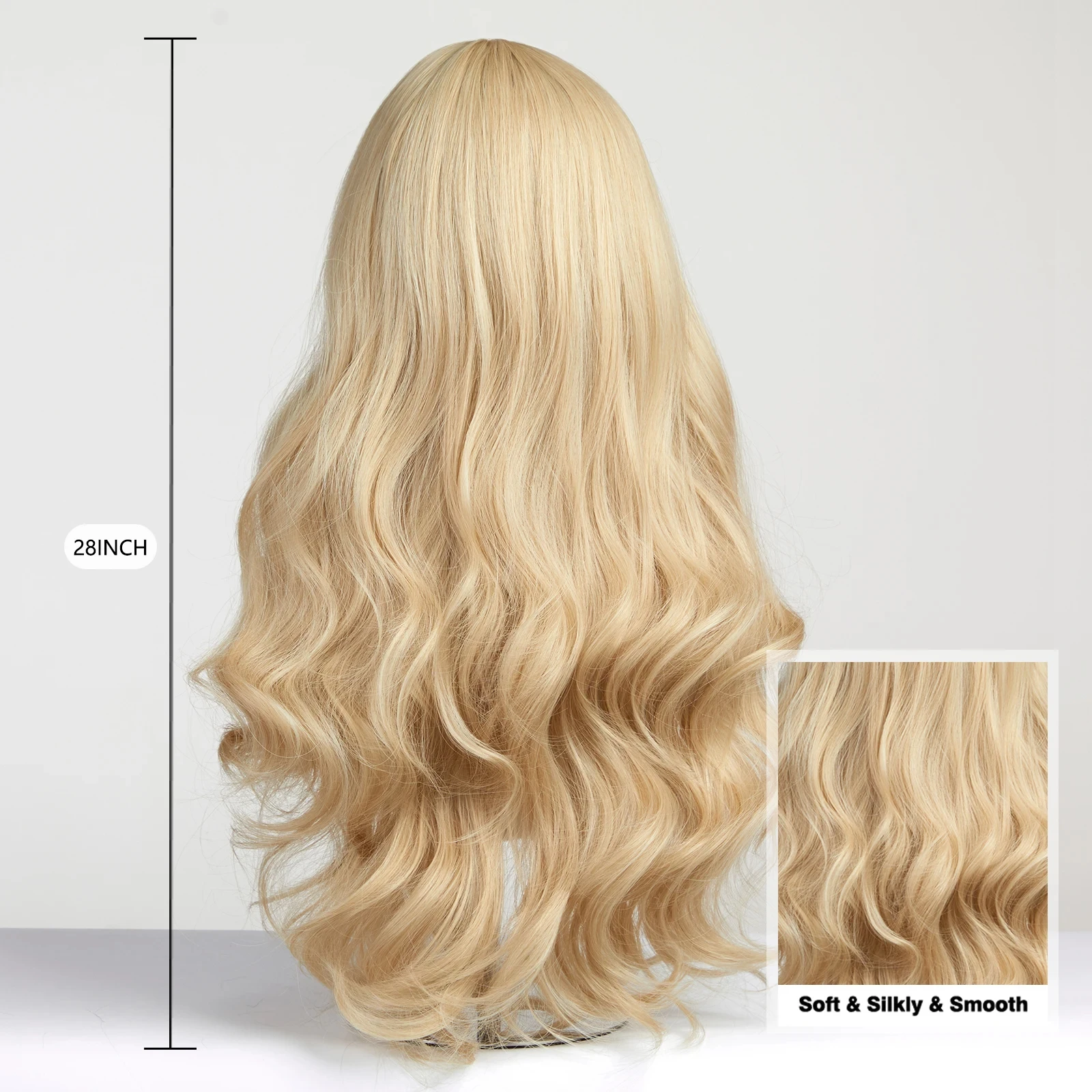 Light Blonde Synthetic wigs Long Wavy hair with Bangs Lolita Cosplay Natural Wigs for Women Party Daily Use Heat Resistant Fiber