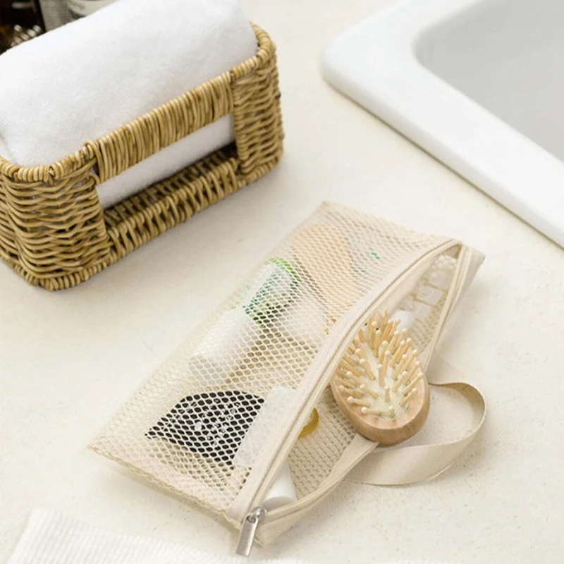 Nylon Mesh Beach Storage Bag Travel Portable Makeup Brush Toothbrush Toothpaste Storage Bag Case Container Bathroom Accessories