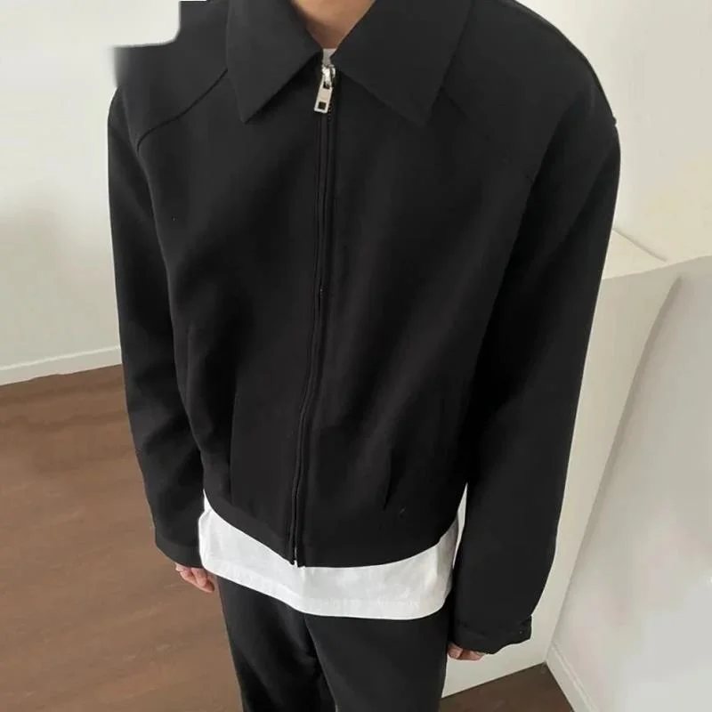 Korean Style Men's Jackets Solid Color Turn-down Collar Zipper Casual Cleanfit Clothing Loose All-match Male Coats CDY6
