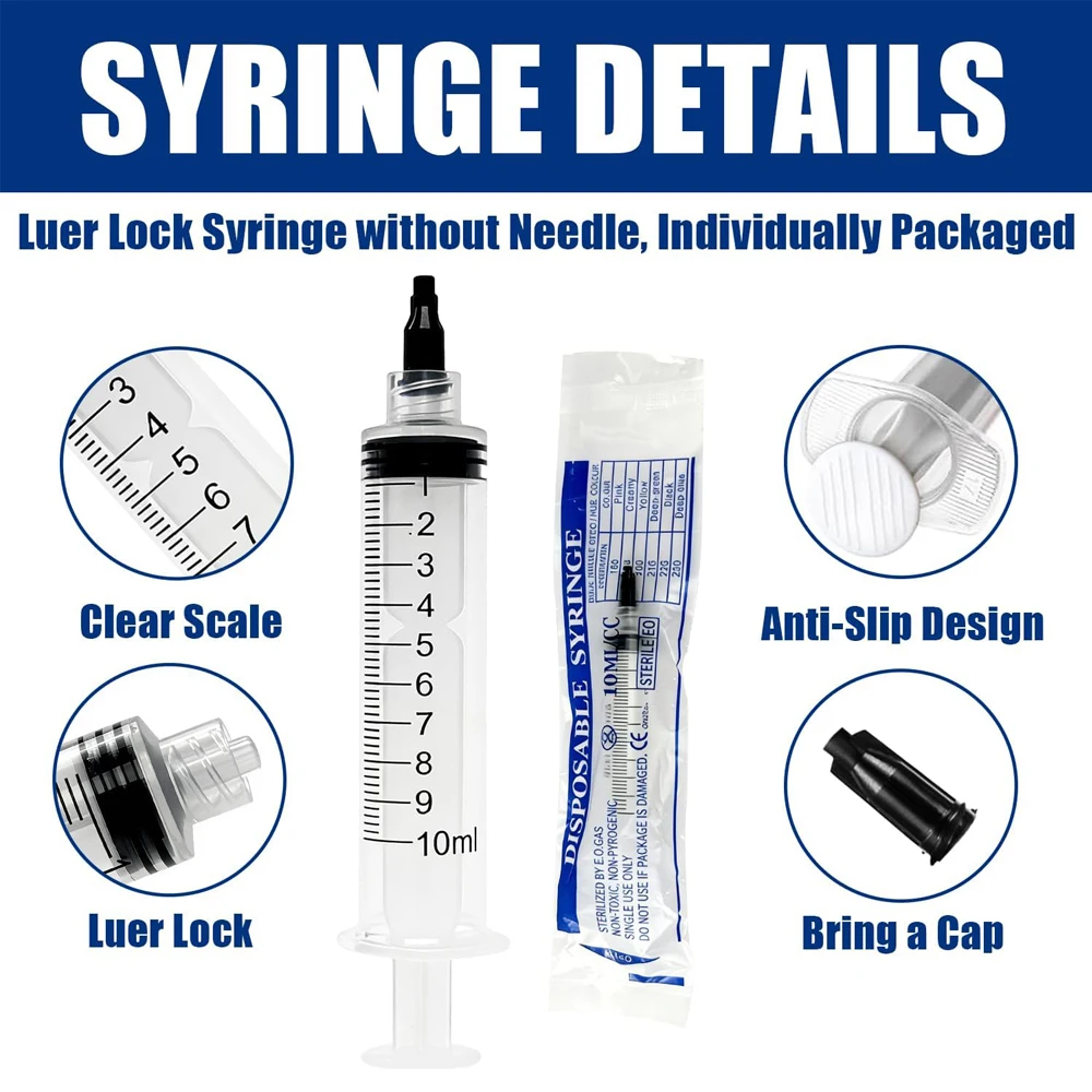 100 Stück 10 ml Luer-Lock-Spritze, steril, einzeln verpackt, mit schwarzer Kappe, Kunststoffinjektor für Flüssigkeitsmessung und -abgabe – Detail 2